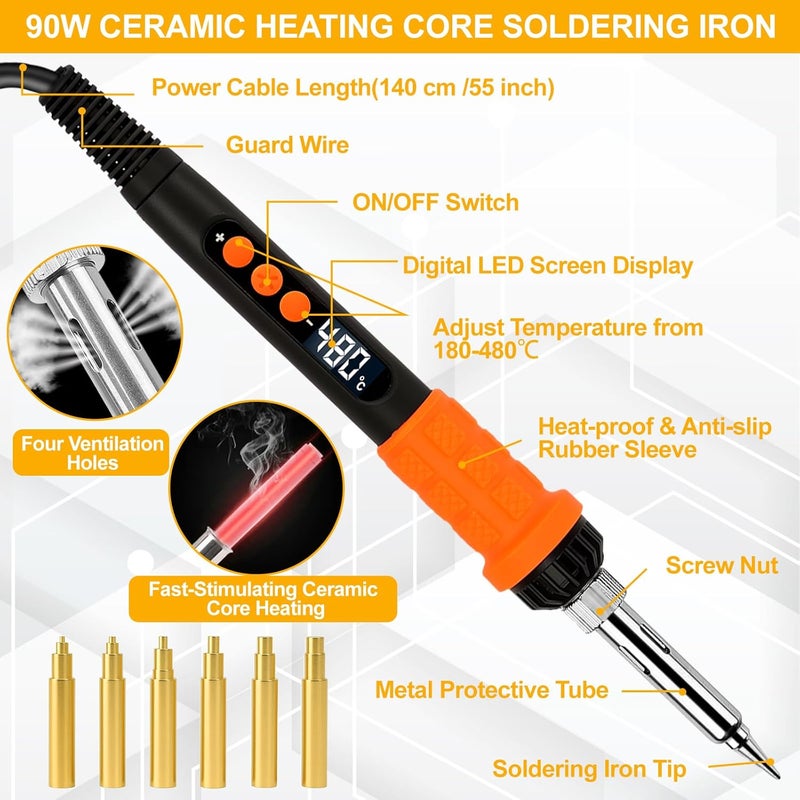 BILIPLE 90W Soldering Iron Heat Set Insert Tool, LED Digital Solder Iron Adjustable Temperature(180°C-480°C) with 250Pcs Threaded Inserts Brass Nuts, 6Pcs Heat Set Insert Tips for 3D Printing Projects - Image 3